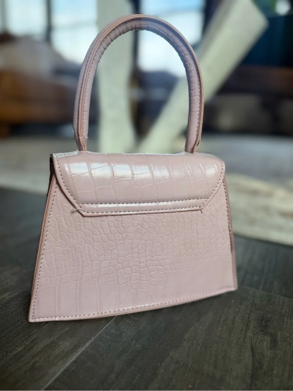 Croc-Embossed Top Handle Satchel in Blush Pink